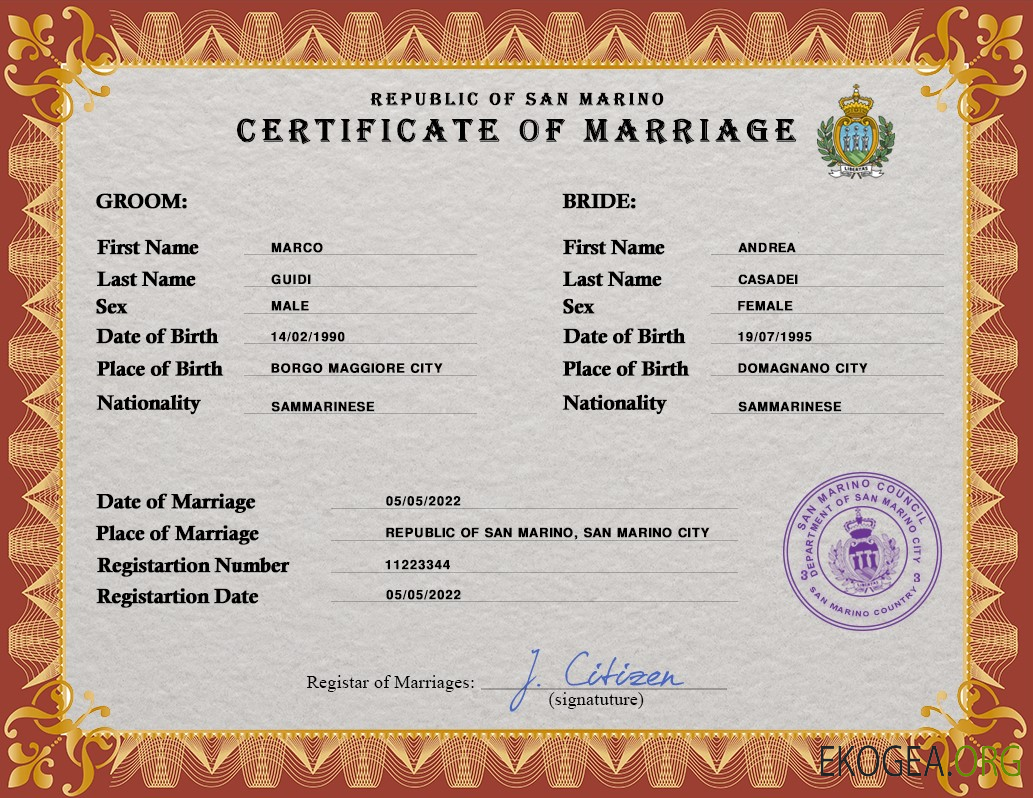 Modèle PSD de certificat de mariage de Saint Marin